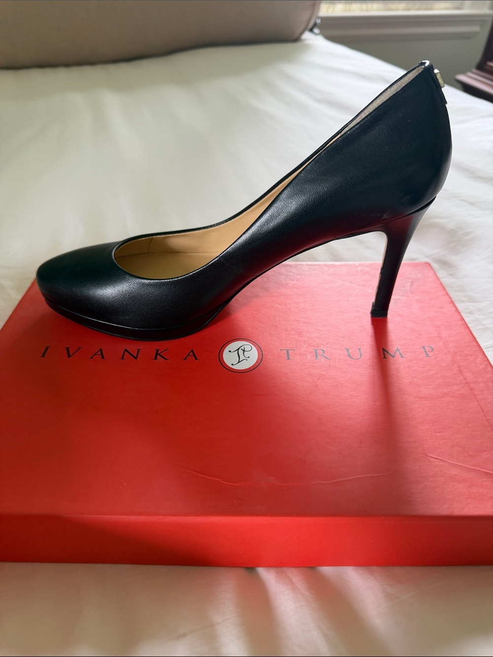 Ivanka Trump Black Leather Pointed Toe Pump with Mid Heel